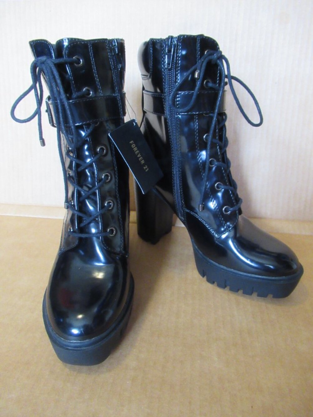 NWT Forever 21 Black Patent Lace Up Buckle Chunky Heel Ankle Boots | Size 7 - Picture 2 of 16